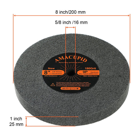AmaCupid nylon fiber deburring wheel, 8-inch diameter, 5/8-inch arbor, 1-inch thickness, 180 grit.