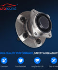 Rear Wheel Bearing And Hub Assembly Fits 2003 To 2008 Toyota Corolla Matrix 2000 To 2005 Toyota Celica And 2003 To 2008 Pontiac Vibe FWD Non ABS 5 Lug Left And Right Rear Replacement With Drop In Easy Install product image on blue background highlighting features such as corrosion and rust resistance, long service life, and easy install instructions, under the Autoround brand.