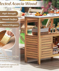 Dope Patio Wood Storage Cabinet For Outdoor Kitchen Acacia Buffet with marble style countertop and open shelf outdoors