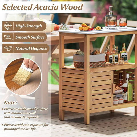 Dope Patio Wood Storage Cabinet For Outdoor Kitchen Acacia Buffet with marble style countertop and open shelf outdoors