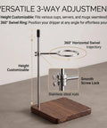 Solid Black Walnut Pour Over Coffee Maker Stand With Adjustable Stainless Steel Dripper Holder And Premium Wooden Brewing Station, showcasing height customization and swivel features.