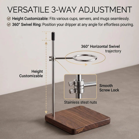 Solid Black Walnut Pour Over Coffee Maker Stand With Adjustable Stainless Steel Dripper Holder And Premium Wooden Brewing Station, showcasing height customization and swivel features.