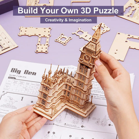 3D Wooden Puzzle Of Big Ben For Adults A Hands On Model Kit That Brings London Landmarks To Life Totally Epic Gift For Puzzle Nerds 14 Plus Hobby Builders. assembled wooden Big Ben model with instructions