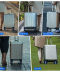 Luggage wheel covers, 8-pack blue silicone covers for 2-2.4 inch spinner wheels on a silver carry-on suitcase.