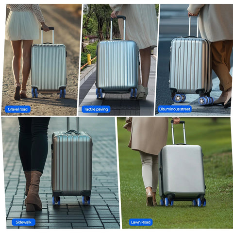 Luggage wheel covers, 8-pack blue silicone covers for 2-2.4 inch spinner wheels on a silver carry-on suitcase.