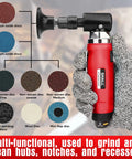 SHALL right-angle die grinder (red) with 1/4" and 1/8" collets; includes 8 assorted discs (aluminum oxide, zirconium oxide, non-woven, wool, mini flap).