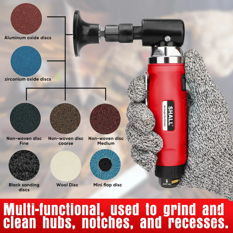 SHALL right-angle die grinder (red) with 1/4" and 1/8" collets; includes 8 assorted discs (aluminum oxide, zirconium oxide, non-woven, wool, mini flap).