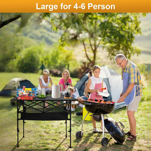 Folding Camping Table With Roll Up Top Height Adjustable Portable Metal Camp Table for picnic with people using BBQ grill
