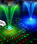 Solar Floating Pool Fountain With Lights 9.5 Inch Large Water Fountain displaying colorful light patterns at night in pool.