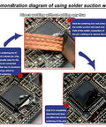 Demonstration of No Clean Soldering Wick Braid Desoldering Kit 8 Pcs removing solder from circuit board using capillary action.
