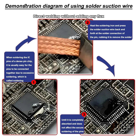 Demonstration of No Clean Soldering Wick Braid Desoldering Kit 8 Pcs removing solder from circuit board using capillary action.