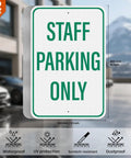 Two Pack Built Tough Reflective Parking Signs For Office Staff And Employees 18 By 12 Inch Aluminum mounted near cars.
