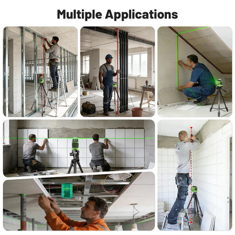 Self Leveling Laser Level With Tripod 60 Inch 360 Degree Green Horizontal Line And 140 Degree Vertical Line Two Plumb Dots Green Beam Laser Level For Construction And Home Use showing various construction applications.