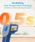 Infrared Thermometer Upgrade 774 Temp Gun for fast 0.5s reading with blue backlit LCD showing measurement for cooking and grilling.