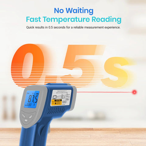 Infrared Thermometer Upgrade 774 Temp Gun for fast 0.5s reading with blue backlit LCD showing measurement for cooking and grilling.