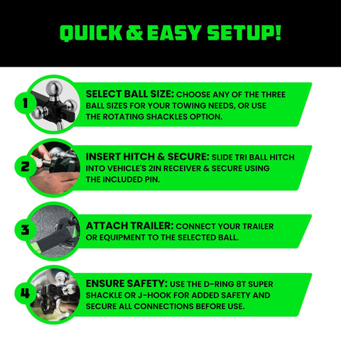 Infographic explaining steps to set up All In One Tri Ball Trailer Hitch Mount With Locking Pin And D Ring Shackle For Two Inch Receiver Recovery Hook Fits One Seven Eighths Inch Two Inch And Two Five Sixteenths Inch Balls Heavy Duty Tow Hitch For Trucks And SUVs Black