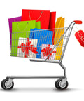 Shopping cart with colorful gift bags and sale tag