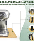 Premium Bamboo Sliding Tray For Small Espresso Machines showing tool slots and coffee accessory placement