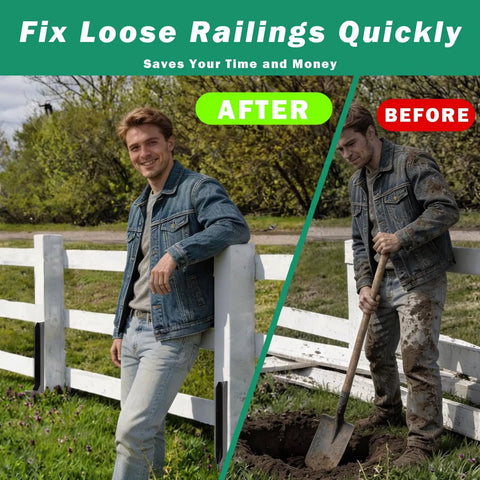 Before and after using Heavy Duty H Shaped Galvanized Fence Post Repair Kit For Leaning Or Broken Wooden Posts In Yard Farm And Ranch 8 Pack Durable Steel Stakes For Quick Fence Fix; man fixing and standing by fence.