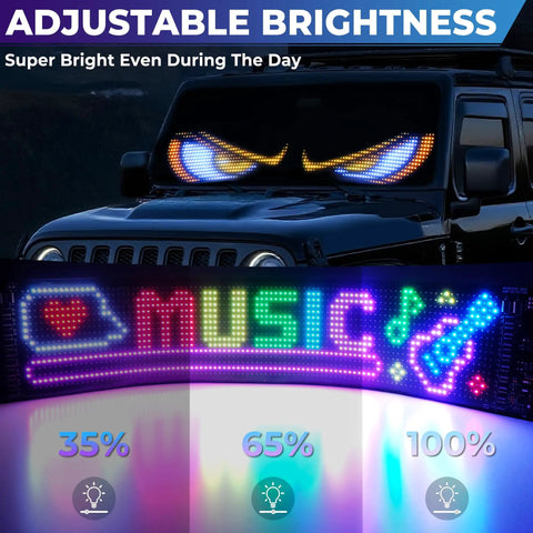 Programmable Flexible LED Eye Lights For Golf Cart And Vehicles 23x5In With App And Remote Control on vehicle windshield.