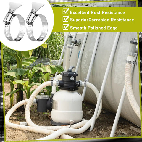 Four Pack 1.5 Inch Stainless Steel Hose Clamps For Pool Filters And Pipes Built Dang Tough With Corrosion Resistant Bands on pool equipment.