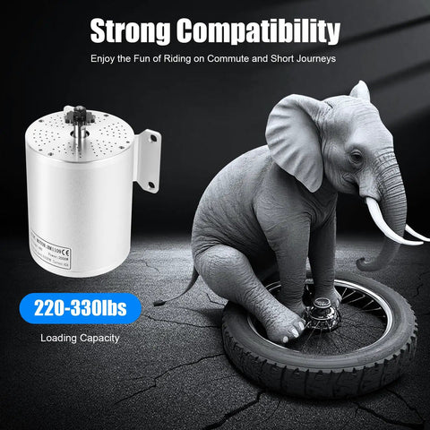 Elephant sitting on motor wheel next to brushless motor, highlighting the durability of the 48V 2000W Electric Brushless Motorcycle Motor Kit