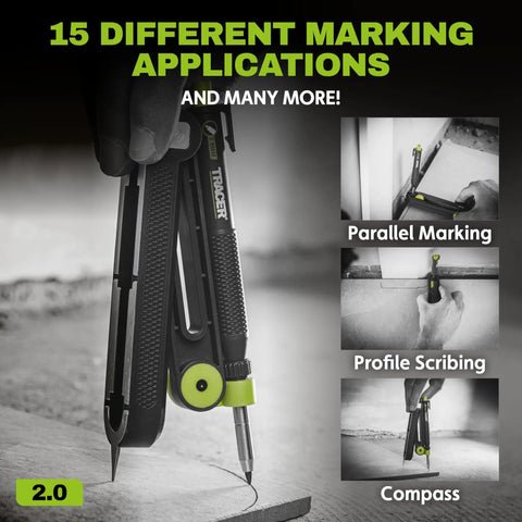 Heavy Duty Aluminum Scribe Set With Deep Hole Marking Pencil And Rugged Job Site Holster Built Tough For Woodworkers, showing marking features.
