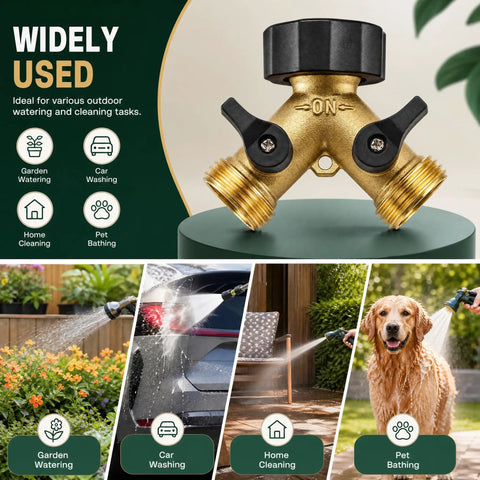 Heavy Duty Garden Hose Splitter 2 Way Brass Y Splitter With 2 Valves And 2 Extra Rubber Washers Solid Brass Water Splitter For Dual Watering Easy On Off Controls Durable Industrial Grade, 3/4 in brass