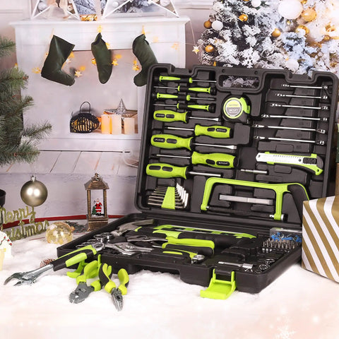 198 Piece Household Tool Set With Toolbox For DIY Home Repairs And Maintenance, SAE Hand Tools Kit in a green case on display