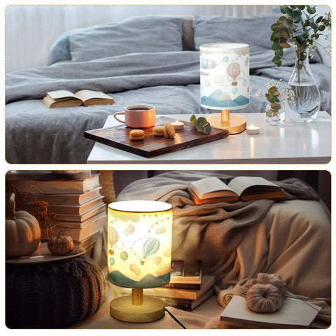 Hot Air Balloon Kids Table Lamp with linen shade on a wooden base in bedroom setting