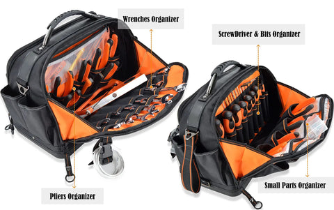 42-Pocket Waterproof Tool Tote For HVAC And Electricians, Tough-As-Nails Steel-Framed Organizer With Hard Molded Bottom