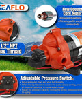 12V Diaphragm Pump Delivers 3.0 GPM At 45 PSI Self Priming with built-in pressure switch, adjustable for marine RV home water systems