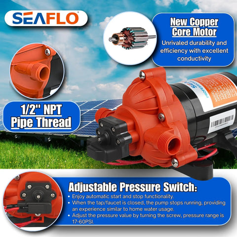 12V Diaphragm Pump Delivers 3.0 GPM At 45 PSI Self Priming with built-in pressure switch, adjustable for marine RV home water systems