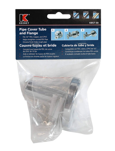Package of PEX Stub-Out Cover and Wall Mounted Support in Chrome Finish for a no-fuss quick install with clear plastic packaging