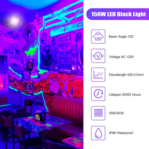 Two Pack 150W UV Black Light Flood Lights illuminating a vibrant indoor space with fluorescent wall art and furniture.