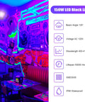 Two Pack 150W Ultraviolet Black Light Flood Lamps highlighting neon wall art in a room, IP66 waterproof, 10ft power cord.
