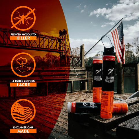 Mosquito Pro Tech 1 Acre Pack Four Tubes Outdoor Mosquito Repellent with American flag on a wooden deck by riverside