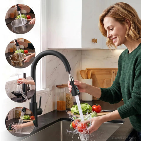 Commercial Grade Kitchen Workstation Faucet with with Glass Rinser & LED in use, showcasing high-arc design and pull-down sprayer.