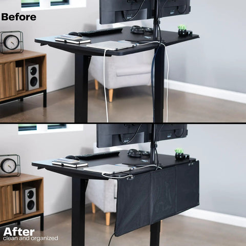 Before and after of desk with Clamp On 48 Inch Desk Skirt With Dual Top Cable Slots For Hidden Cable Management And A Cleaner Private Workspace That Kicks Cord Clutter To The Curb Sturdy Desktop Clamp Fits 0.4 To 2.0 Inch Thick Desks.