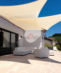 Beige Triangle Sun Shade Sail 8x8x11.3 Feet for Patio and Backyard over modern outdoor seating area