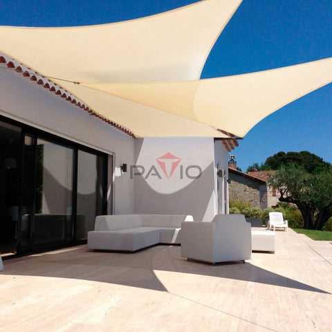 Beige Triangle Sun Shade Sail 8x8x11.3 Feet for Patio and Backyard over modern outdoor seating area