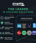 Plugable brand graphic showcasing awards and compatibility assurances for dock solutions, emphasizing quality and support.