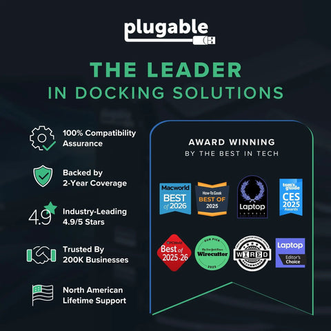 Plugable brand graphic showcasing awards and compatibility assurances for dock solutions, emphasizing quality and support.
