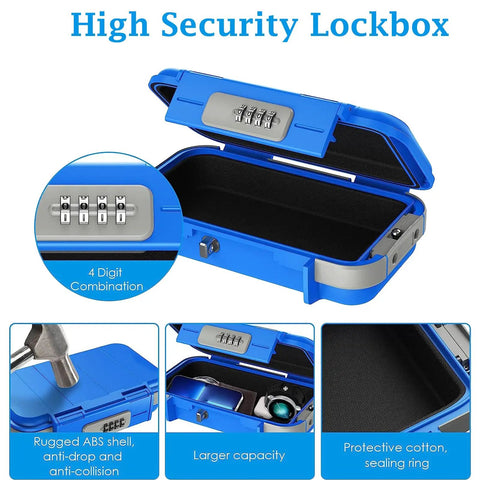 Portable Safe Box With Combination Lock And Code Access Waterproof Anti Theft Travel Safe, blue ABS shell open view