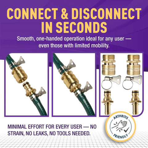 Easy Connect 1/2 Inch Hose Repair Kit with Quick Connect Barbed Fitting and 3/4 Inch GHT Female Threads shown with tool-free clamp