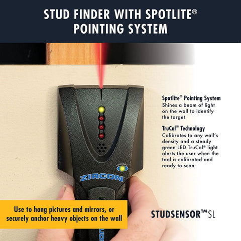Badass Slick Wood and Metal Stud Finder with Edge Detection Wall Scanner detecting a stud with SpotLite Pointing System.