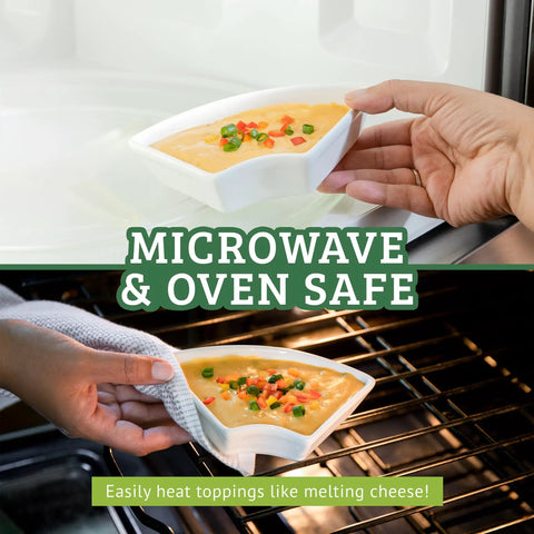 Slick Ceramic Taco Lazy Susan Featuring Six Deep Bowls And A Silky Swivel Base For Enhancing Your Weekly Taco Bar Hosting With Next Level Crew Hangout Vibes Perfect For Tailgate Nights And Backyard Gatherings, shown heating toppings in microwave and oven.
