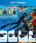 Diver using Mini Scuba Tank and Full Face Snorkel Mask Kit 1L Portable Dive Cylinder With Sub Mask, colorful coral in background.