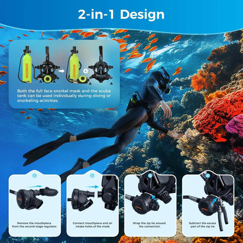 Diver using Mini Scuba Tank and Full Face Snorkel Mask Kit 1L Portable Dive Cylinder With Sub Mask, colorful coral in background.