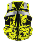 Big And Tall Camo Safety Vest With High Intensity Reflective Tape Hella Visible Heavy Duty Workwear For Men in bright yellow and black pattern.